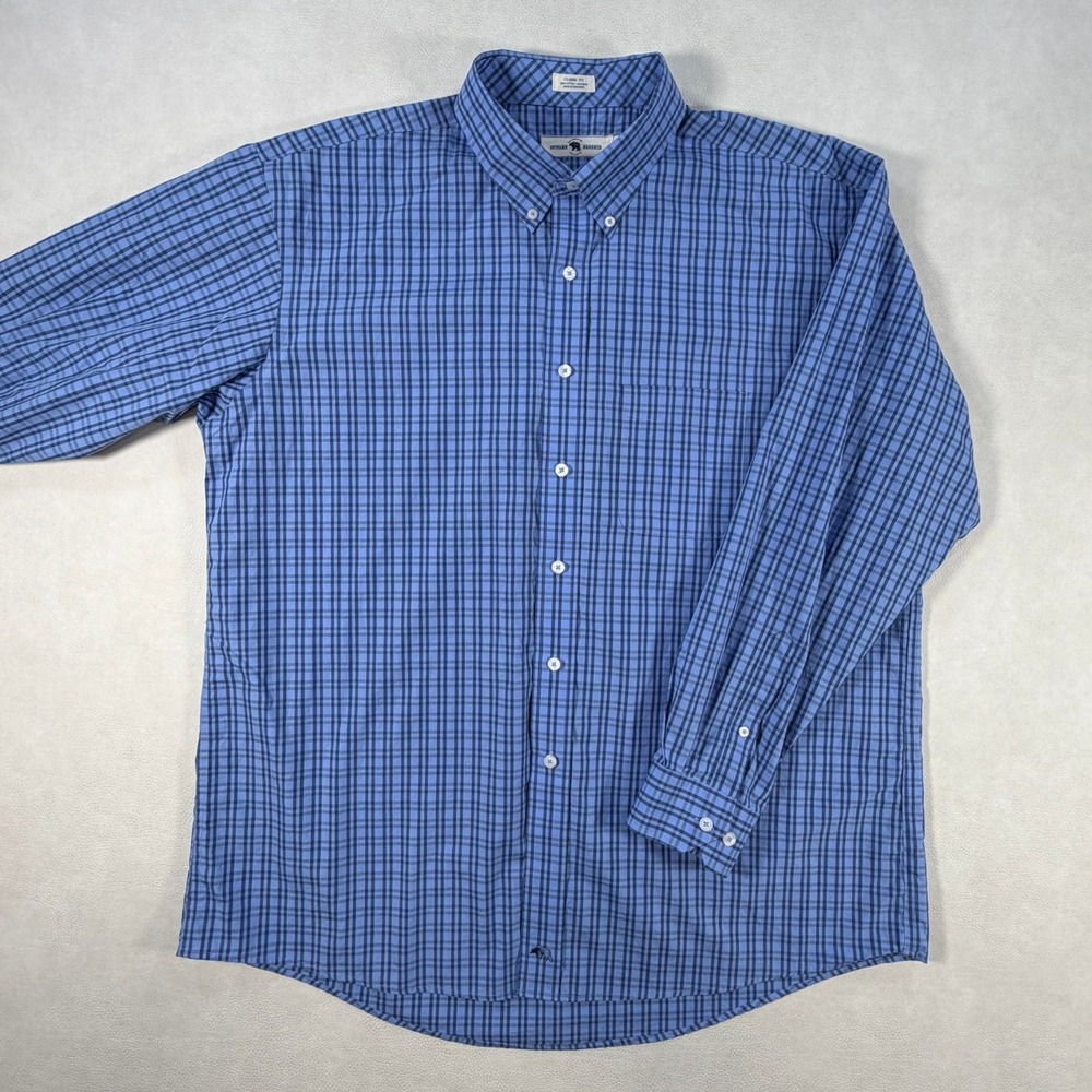 Onward Reserve Mens XL Classic Fit Button Down Shirt Blue Plaid Non-Iron Cotton